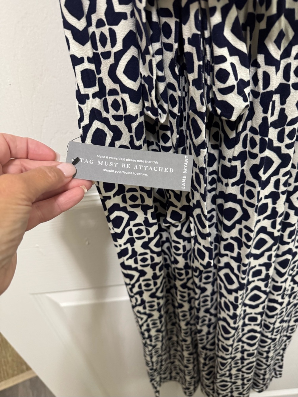 Lane Bryant Navy and White Geometric Wrap Dress with Tie Waist - Picture 3 of 4